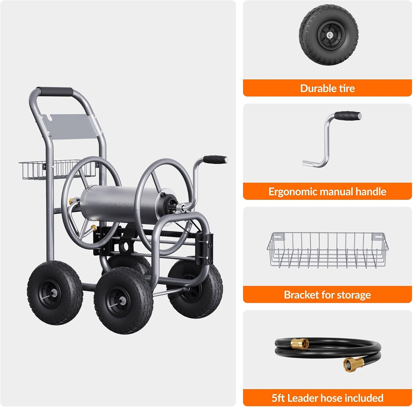 Heavy Duty Garden Hose Reel Cart with Wheels - Industrial Outdoor Hose Storage Reel, Pre-Installed Guide for 250-Feet of 5/8" Hose Capacity