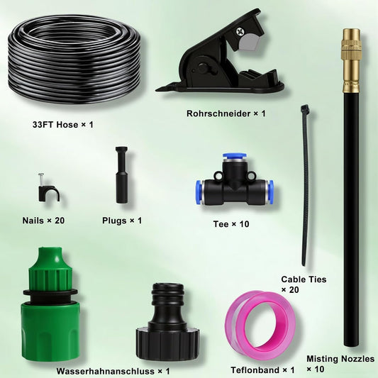 360° Adjustable Drip Irrigation System 33FT Garden Watering System with 10 Nozzles, Garden Irrigation System, Greenhouse Accessories, Greenhouse Drip Irrigation Kit for Yard, Lawn, Plants (33FT)