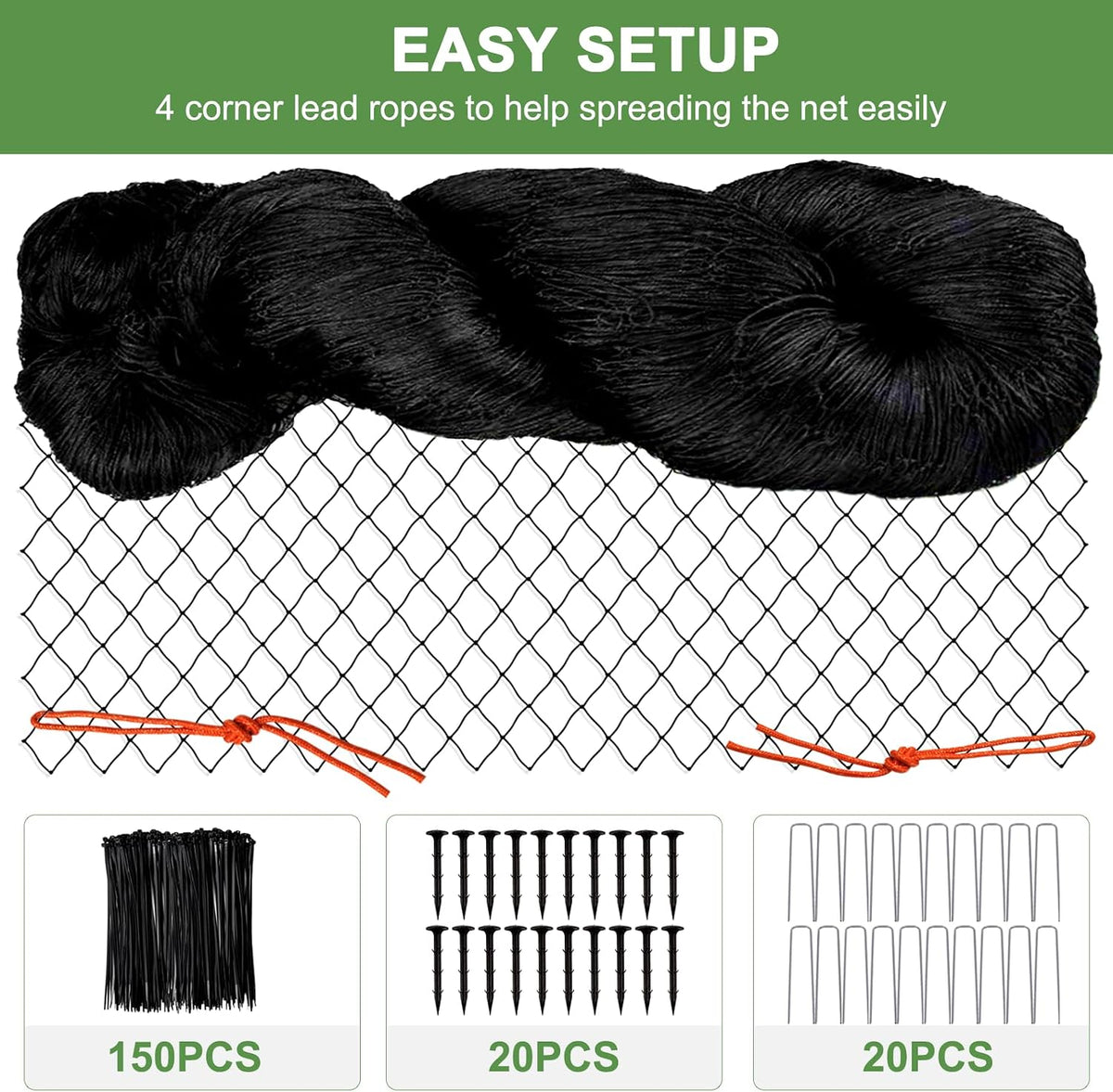 Bird Netting 25'x50'with 3/4" Square Mesh, Heavy Duty Nylon Garden Netting