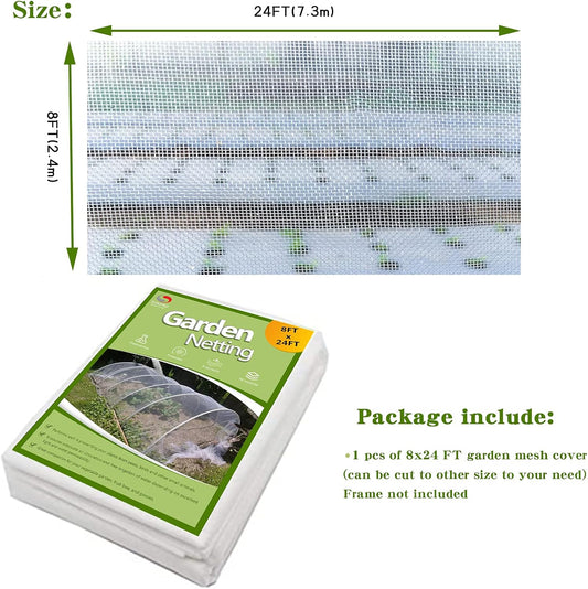 8x24ft Garden Netting Pest Barrier, 0.8mm Ultra Fine Mesh Plant Cover for Vegetables Fruits Flowers, Durable Mesh Screen for Raised Garden Beds, Row Cover, Shield for Cicadas, Birds, & Wildlife