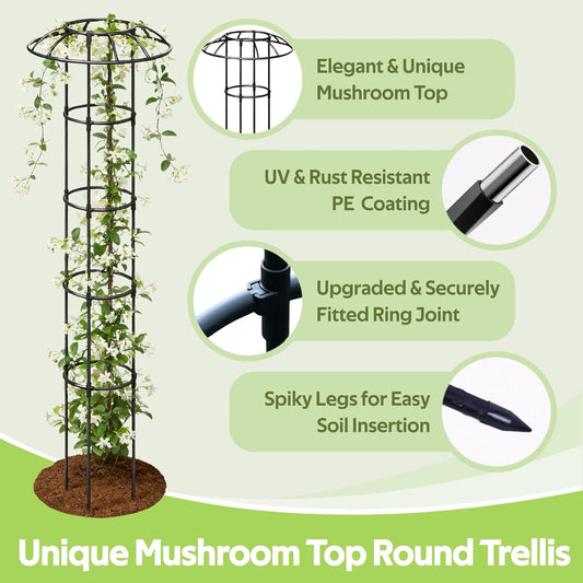 Garden Trellis for Climbing Plants Outdoor - Unique Umbrella Top Round Trellis for Indoor Potted Plant - 64" Tall Rustproof PE Coated Metal Pipe Obelisk Support Ivy Vine Rose Grape Vegetable