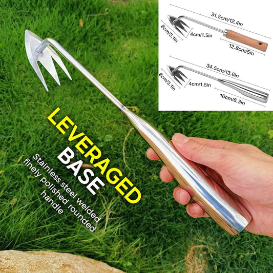 Stainless Steel Multifunctional Weeder, Hand Weeder Tool Stand Up Weed Puller Tool with Long Handle, V-Shaped Light Duty Hand Weeder for Lawn Garden Yard Farmland Weed Removal (Wood Handle)