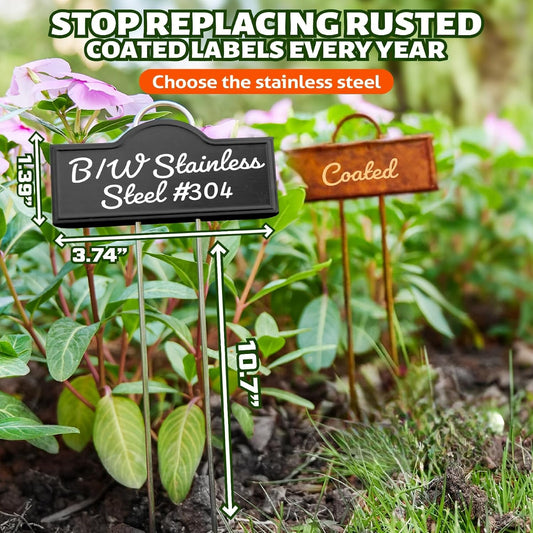 Metal Plant Labels Stainless Steel 304, Weatherproof Garden Label Tall Markers 25 Pack for Outdoor Plants Vegetables Herb Seedlings Flowers with a Pen, Label Area 3.74'' x 1.39'' Height 10.75 Inch
