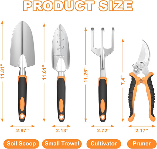 Garden Tool Set, 4Pcs Aluminum Heavy Duty Gardening Tool Set, Include Shovel, Transplant Trowel, Hand Cultivator and Shear with Rubberiz NonSlip Ergonomic Handle, Gardening Kit for Women Men