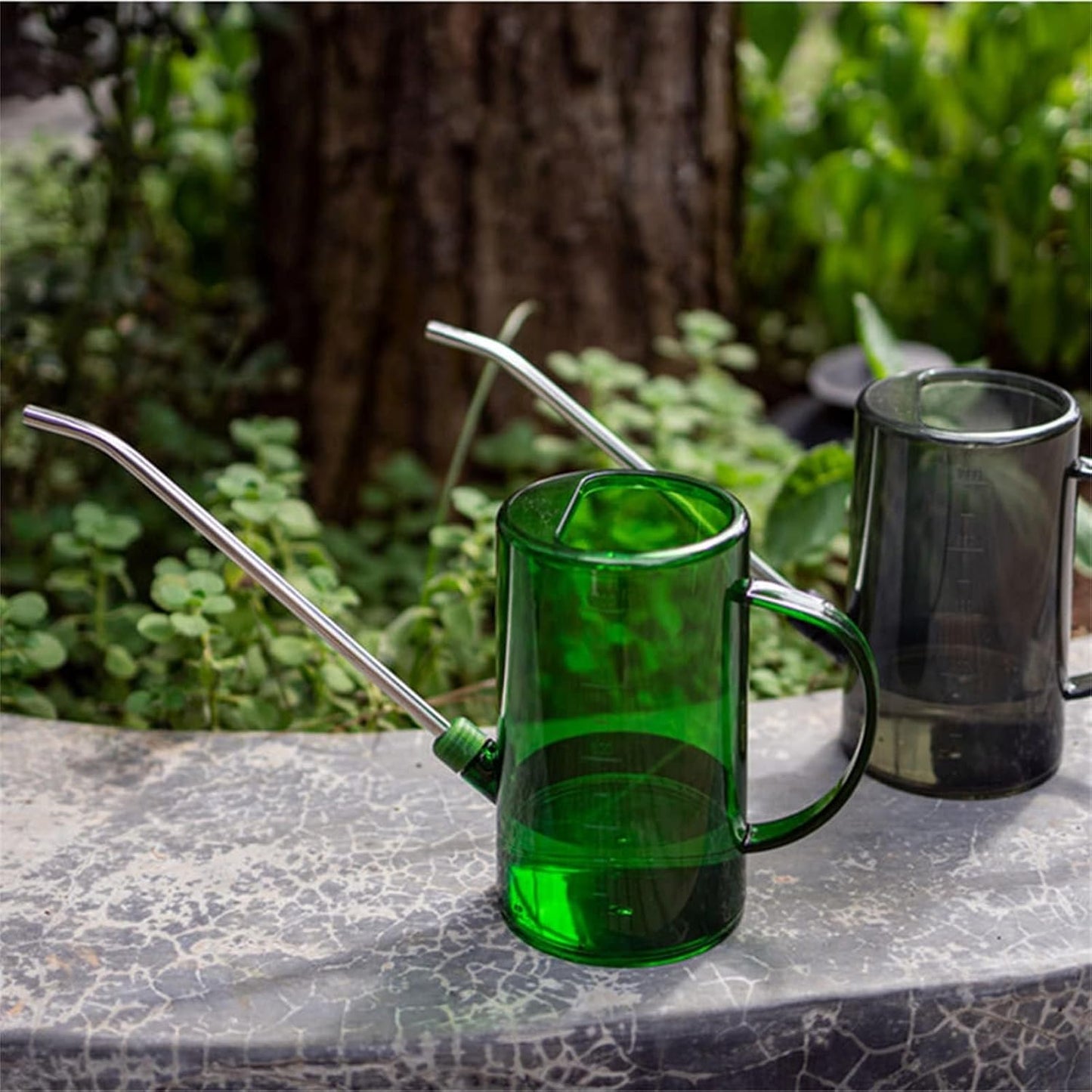 Goose Neck Watering Can, 1L/1000ml Watering Can for Indoor Plants Clear Plastic Water Can with Stainless Steel Long Spout for Home Office(Green)