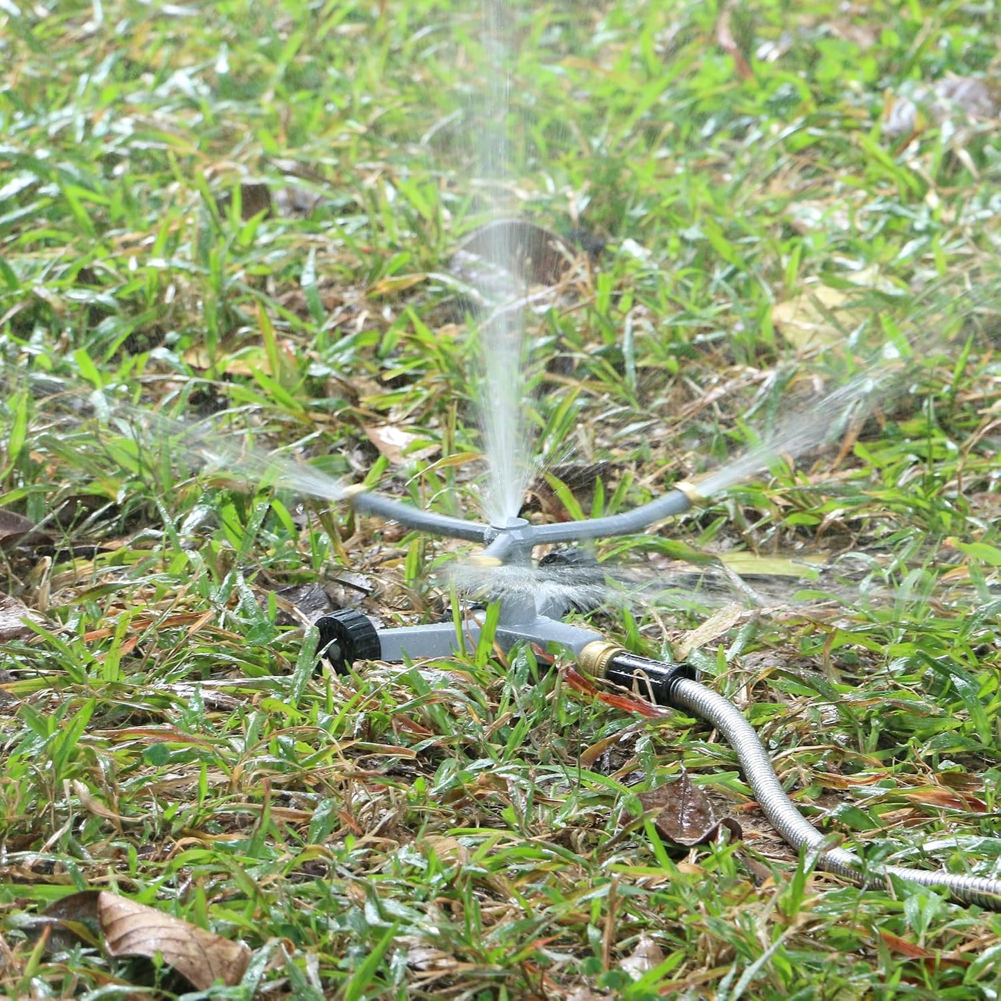 Metal Rotating Water Sprinkler for Lawn, Heavy Duty Metal 3-Arms Whirling 360 Degree Automatic Rotary Sprinkler with Wheeled Base for Small Areas, Garden, Yard, Cover up to 1,384 Sq. ft.