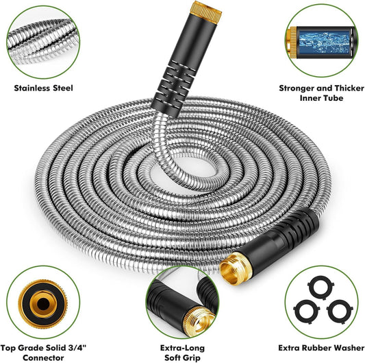 Garden Hose 50FT Metal Water Hose with 10 Function Nozzle No-Kink