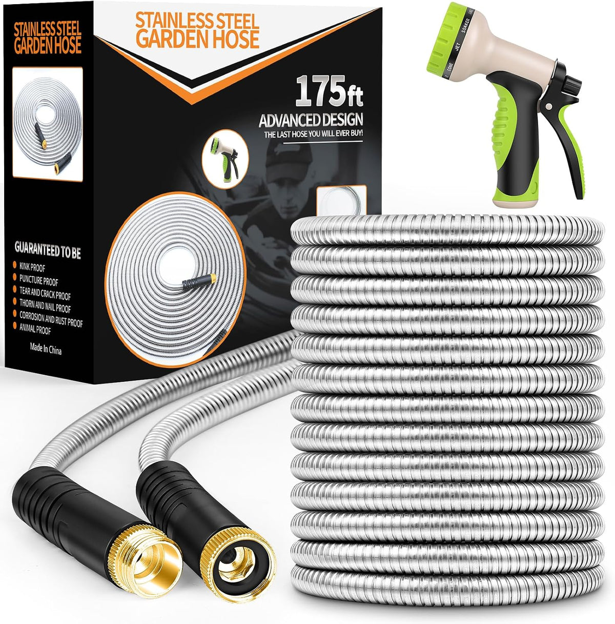 Garden Hose 50FT Metal Water Hose with 10 Function Nozzle No-Kink
