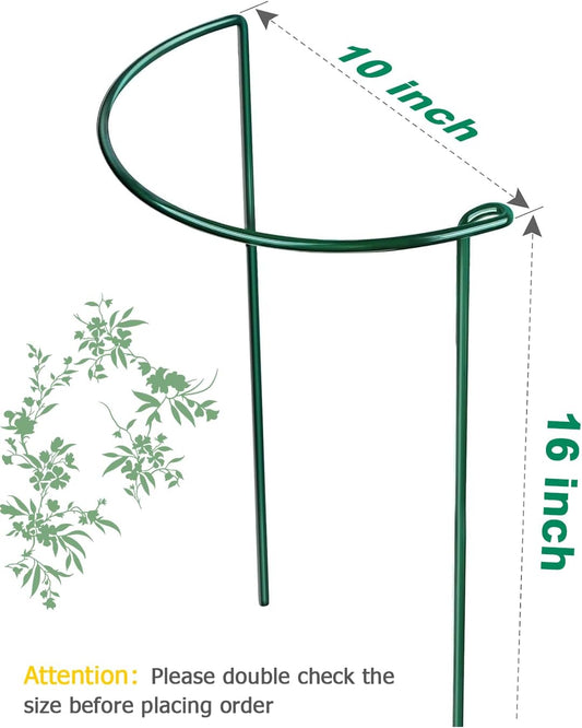 12 Pack Plant Support Stakes, 10" W x 16" H Metal Peony Cages and Supports, Green Half Round Garden Plant Support Ring for Outdoor Indoor Plants, Rose, Hydrangea, Tomato, Snake Plant