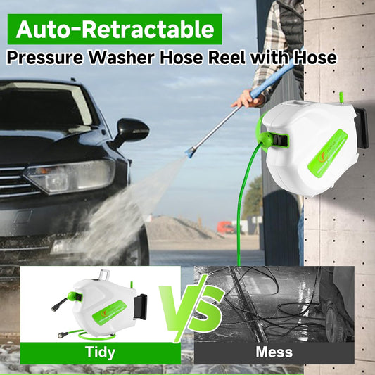 Pressure Washer Hose Reel with Hose, 1/4" × 65ft, Retractable