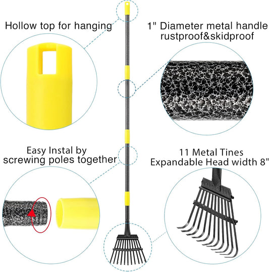 Leaf Rake for Gardening, Adjustable Metal Garden Rake for Leaves Long Handle 30-60", 11 Tines 9" Wide Small Lawn Collapsible Yard Adult Kids Rake for Camping Flower Beds Mulch Shrub