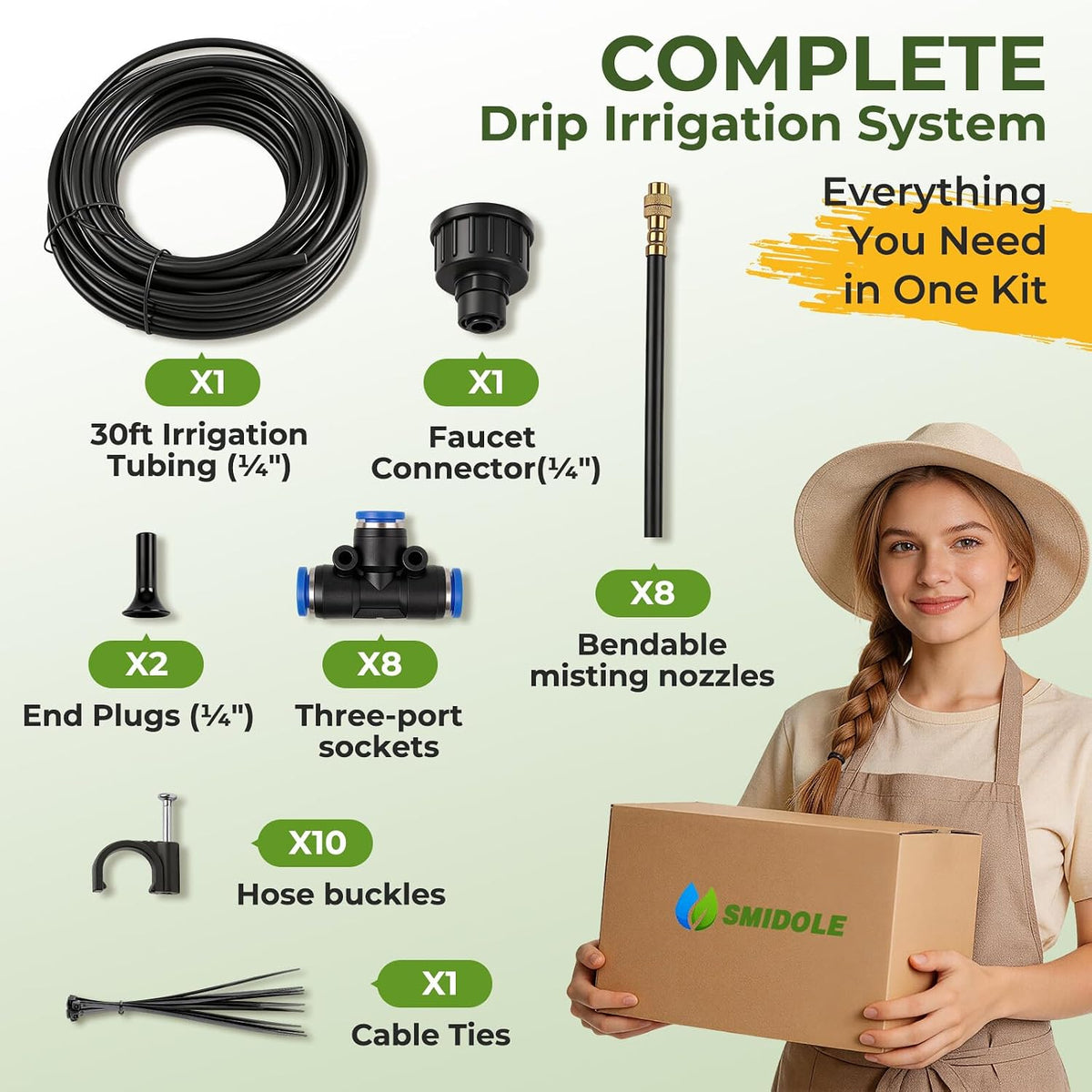 50FT Drip Irrigation Kit, 360° Adjustable Garden Watering System with 1/4" Tubing, Brass Misting Nozzles, DIY Irrigation System for Plants, Raised Beds, Greenhouse