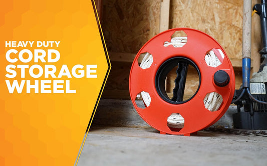 Heavy Duty Cord Storage Wheel - Holds Up to 125 Feet of 16/3 or 110 Feet of 14/3 Gauge Cord - Tangle-Free Design for Extension Cords, Rope, or Hose - Orange/Black