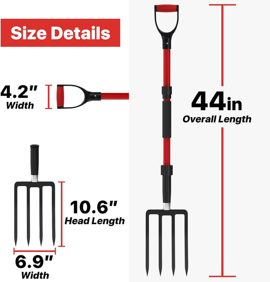 Pitch Fork for Garden, 44-Inches Pitchfork with Fiberglass Handle, Gardening Spading Fork with 4 Metal Tines, Heavy Duty Pitchfork for Manure, Mulch, Digging, Aeration, Red
