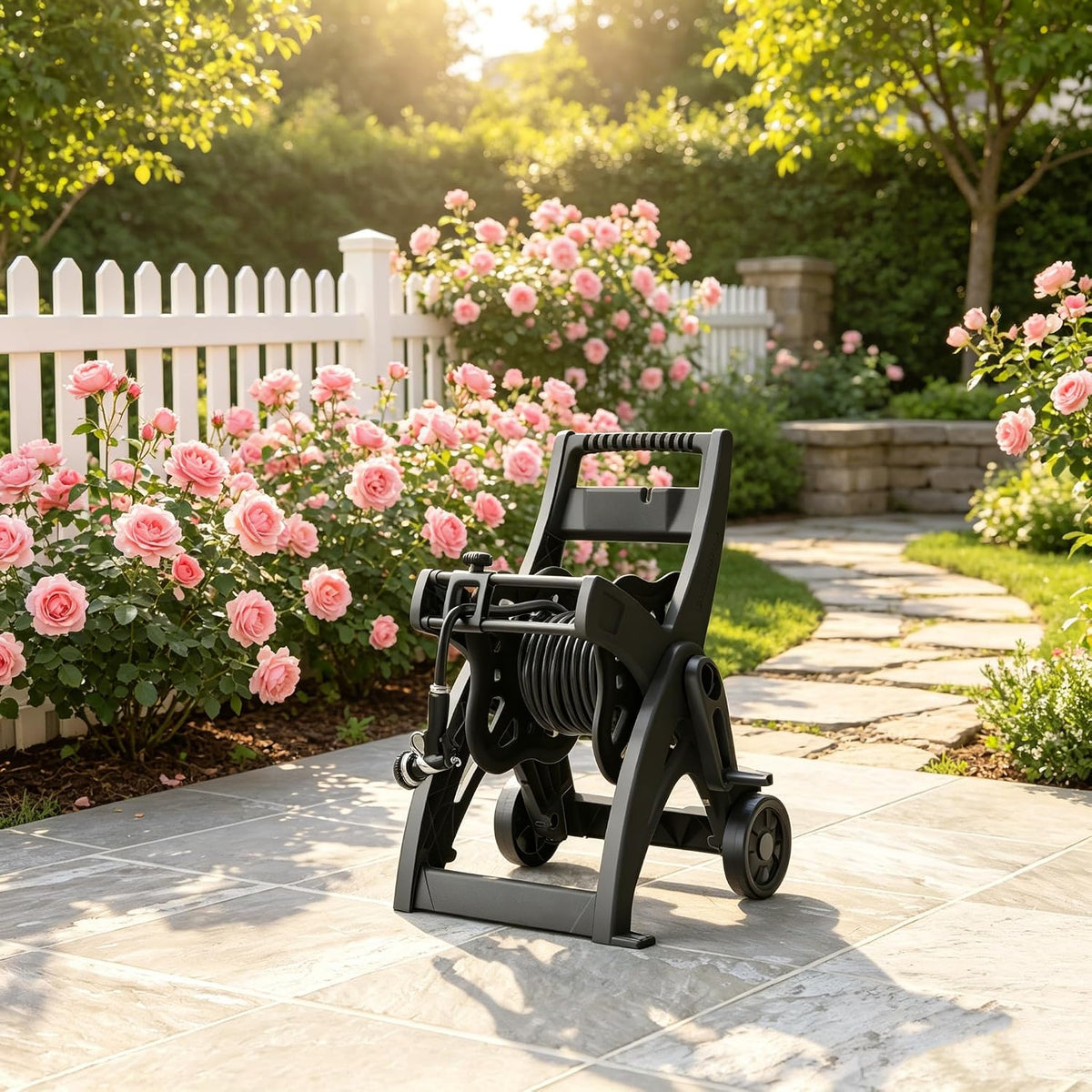 175FT Hose Reel Cart, Garden Water Hose Reel with Rolling Cart and Wheels, Durable Metal Frame, Easy Transport and Storage for Outdoor Watering