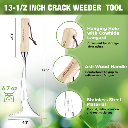 Crack Weeder, 13.5" Stainless Steel Weeding Tool, Wooden Handle