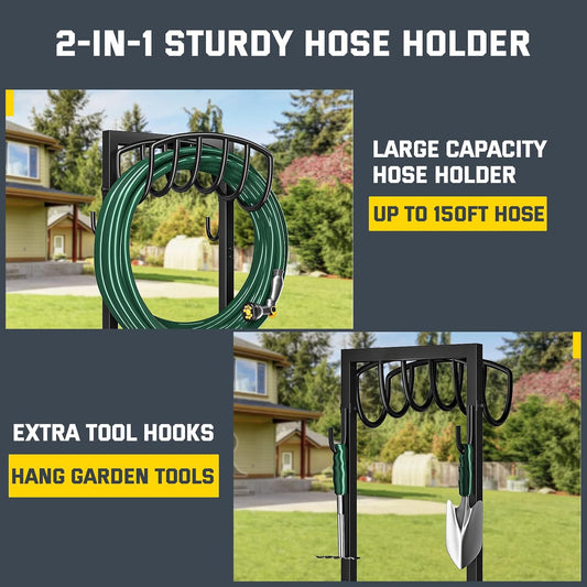 Garden Hose Holder Stand with 4 Spikes & 2 Tool Hooks, Detachable Heavy Duty Metal Freestanding Hose Reel Outdoor Organizer for Lawn Yard Water Storage Rack