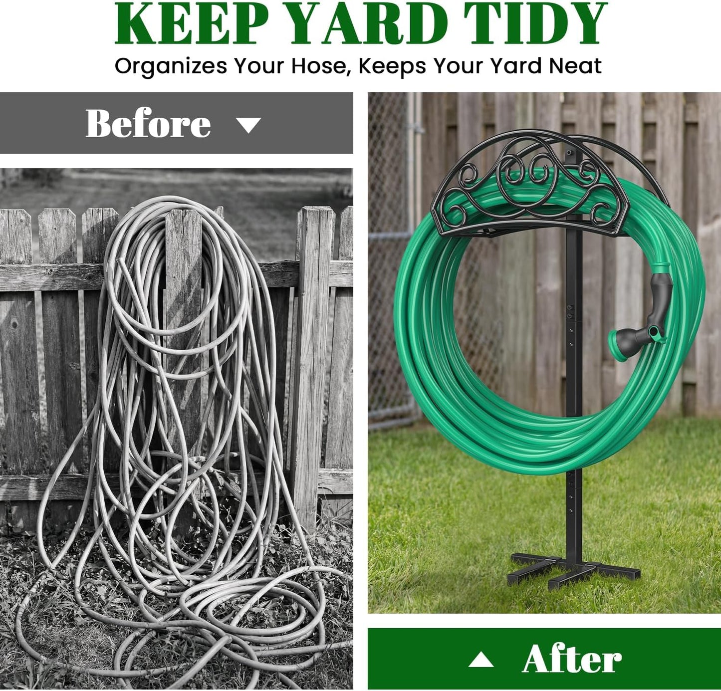 Sunvigor Freestanding Garden Hose Holder Stand, Heavy Duty Hose Reel Alternative with 2 Tool Hooks, Holds 150FT Water Hose, 4-Spike Stable Base, No-Drill Hose Storage for Outside Yard Lawn Garden