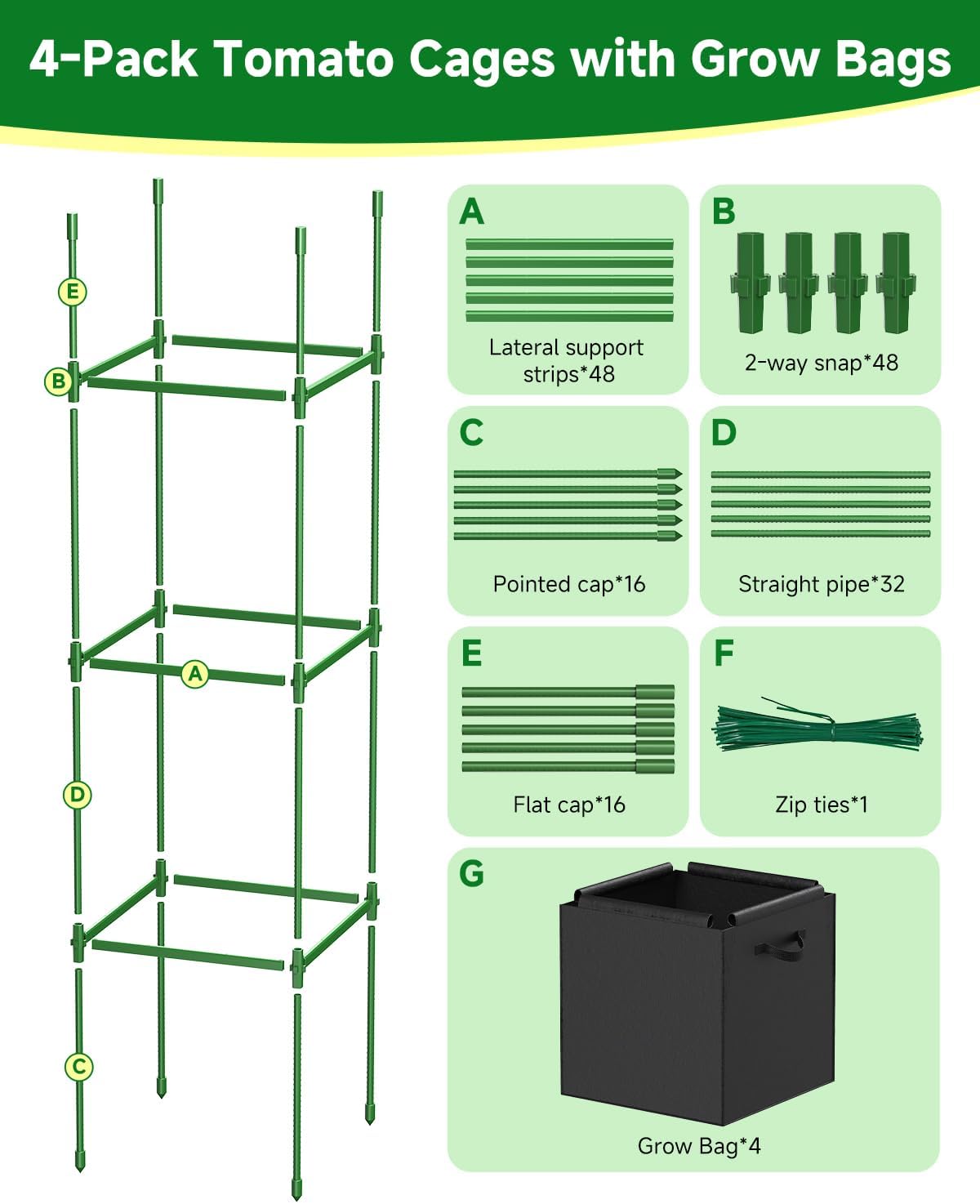 4 Pack Square Tomato Trellis Cages 55 Inch Height, with 17 Gallon Square Grow Bags (12×12in), Heavy Duty Tomato Plant Support Stakes for Outdoor Garden Climbing Vegetables Fruits Flowers