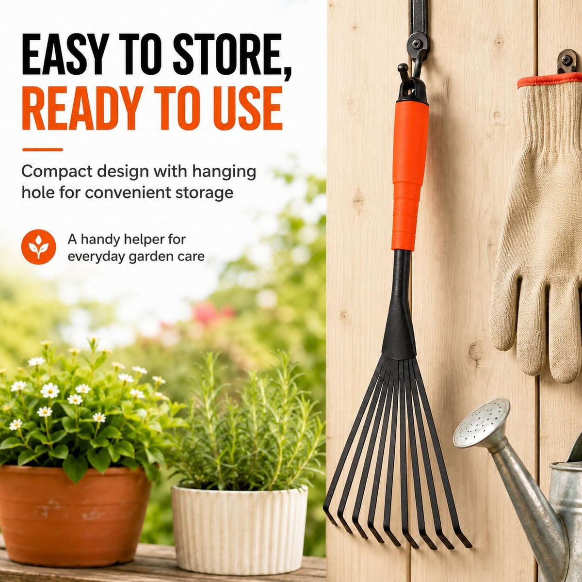 Finder Hand Rake, 15.6 Inch Gardening Hand Tool with Ergonomic Handle and Hanging Hole for Storage, Steel Garden Rake for Flower Beds, Leaves, Mulch, Soil Loosening, Tight Spaces