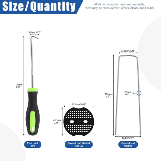 201Pcs Garden Stakes Staples Kit, 100Pcs 6 Inch U-Shaped Landscape Staples, 100Pcs Fixing Gasket with 1Pc Pick Hook for Weed Barrier Fabric, Ground Cover, Holding Fence and Artificial Turf