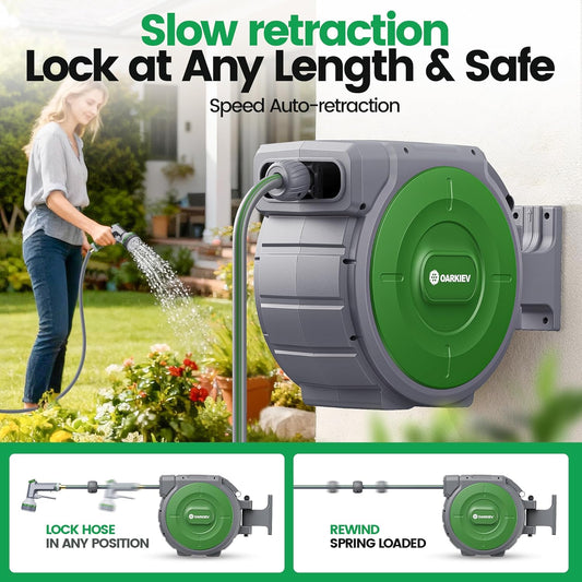 Garden Retractable Hose Reel, 5/8 in x 50 ft Wall Mounted Garden Hose Reel with Any Length Lock, Upgraded Slow Return System and 180°Swivel Bracket