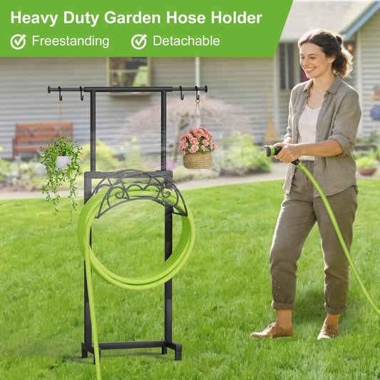 Garden Hose Holder with Telescopic Pole, Upgraded Heavy Duty Hose Stand Holds 150ft with 4 Spikes, Freestanding Metal Hose Storage and Hanger for Outside Yard Lawn Farm, Black