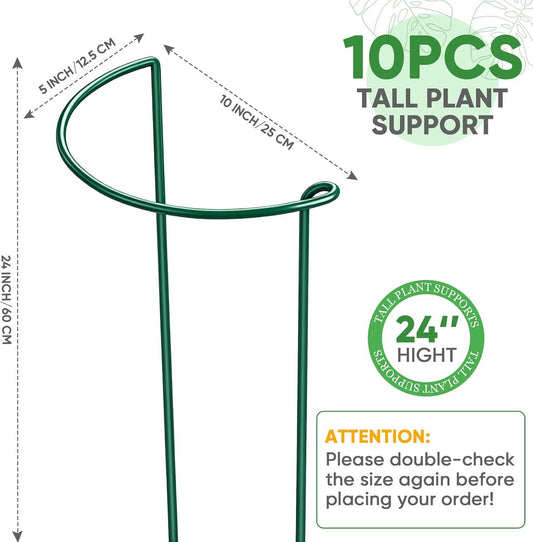 10 Pack 24" H x 10" W Tall Plant Support Stakes, Half Round Metal Peony Cages and Supports, Monstera Plant Support Snake Plant Stake Flower Support Ring for Tomato, Hydrangea Outdoor Indoor