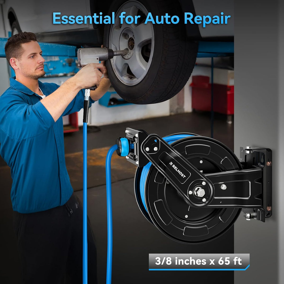 Retractable Air Hose Reel, 65 ft x 3/8 in Hybrid Air Hose Max 300PSI, Heavy Duty Air Compressor Hose Reel with Dual Arms, Auto Rewind, 180° Swivel Ceiling/Wall Mount for Garages, Workshops