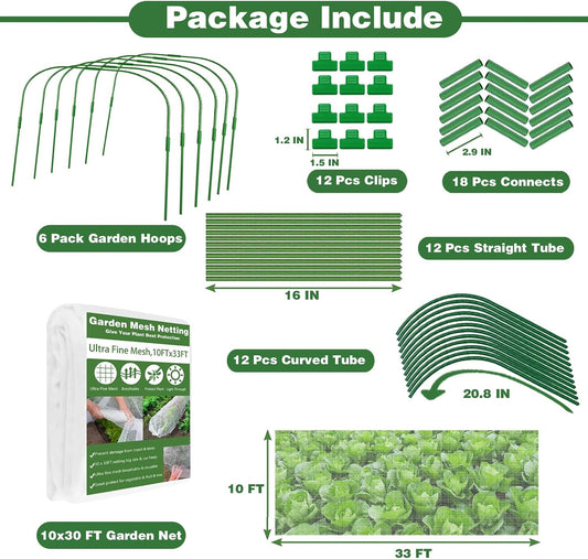Garden Mesh Netting Kit, 10x33FT Ultra Fine Mesh Netting with 6 Sets Fiberglass Garden Hoops & 12 Clips for Tree Fruit Barrier Vegetable Fruits Flowers Shrubs Plant Covers Net