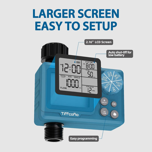 Programmable Water Volume Control Sprinkler Timer, Water Duration Control Hose Timer with Water Meter, Auto and Manual Watering for Irrigation, Garden and Drip System