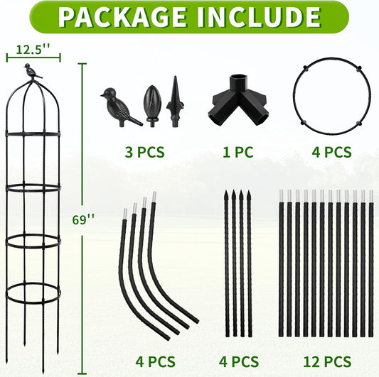 6FT Garden Obelisk Trellis for Climbing Plants,Adjustable 4-Tier Metal Plant Support,Rustproof Outdoor Plant Tower with 3 Decorative Tops for Roses,Tomatoes,Clematis & Vines,Black