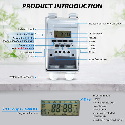 Waterproof Programmable Timer Switch for Outdoor Indoor, Heavy Duty KG316T-F Digital Program Timer Controller 20 ON/Off Cycle 7-Day and 24-Hour 40A 110V, for Christmas/Light/Fountain Aerator