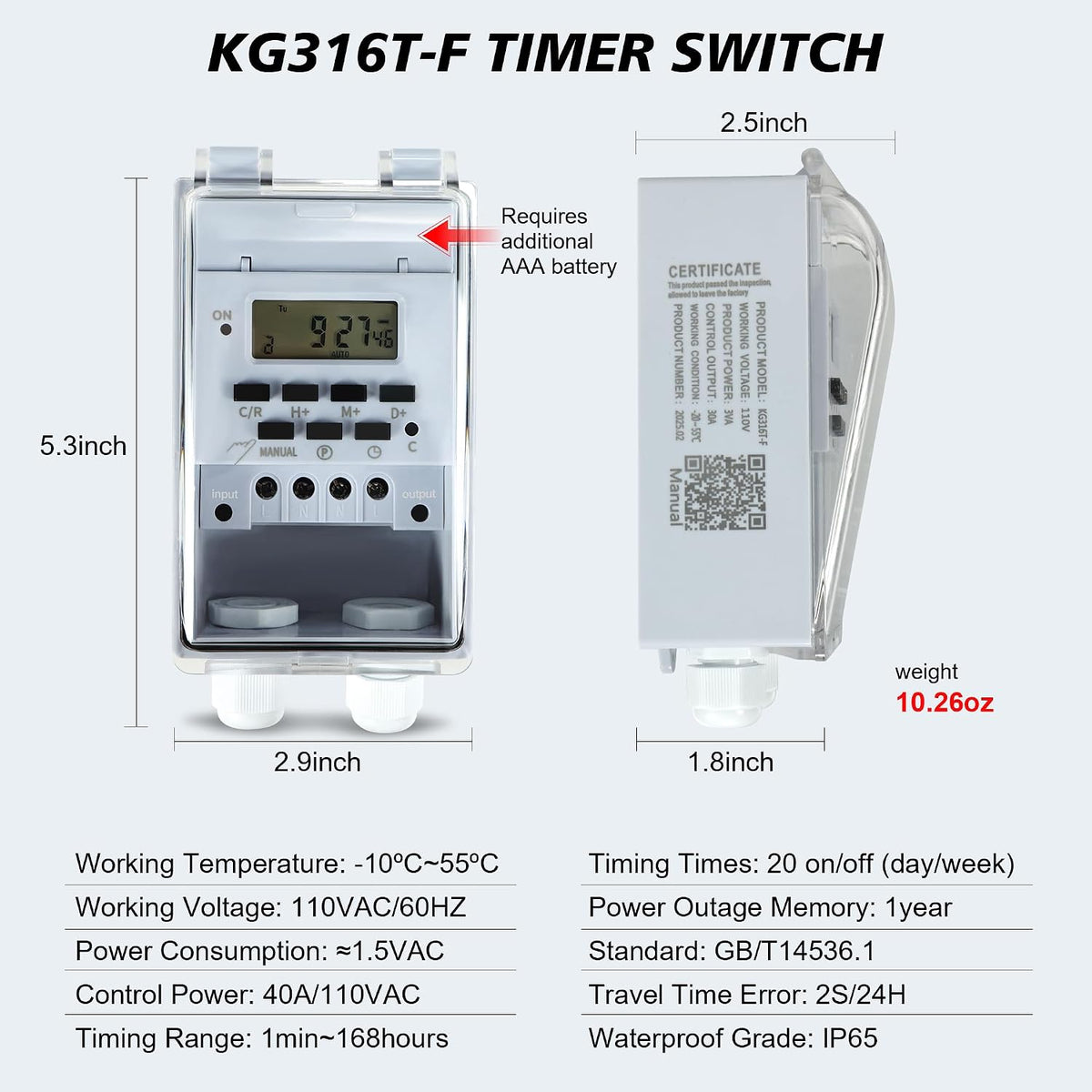 Waterproof Programmable Timer Switch for Outdoor Indoor, Heavy Duty KG316T-F Digital Program Timer Controller 20 ON/Off Cycle 7-Day and 24-Hour 40A 110V, for Christmas/Light/Fountain Aerator