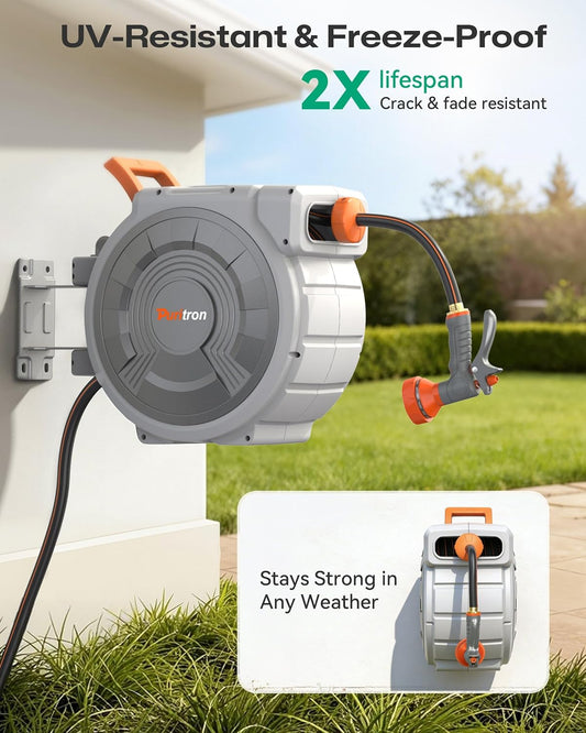 Retractable Garden Hose Reel 1/2"x150ft, 3-Ply Reinforced Heavy Duty Garden Hose Reel, Kink-Free Rewind and Lock at Any Length, Rust Prevention Metal Mount, 180° Swivel Bracket for Lawn & Gardening