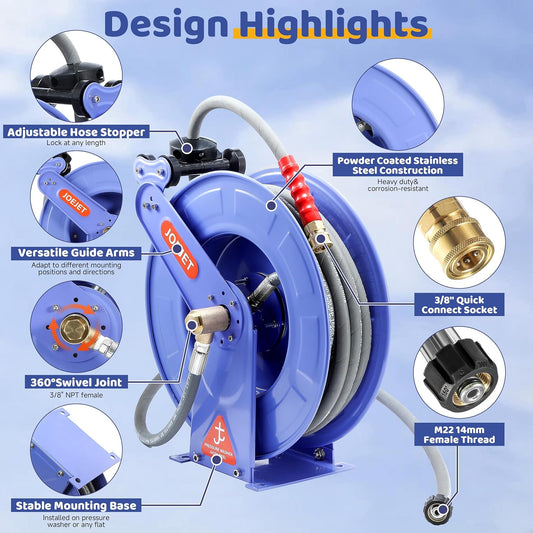 Retractable Pressure Washer Hose Reel with Hose, 50 FT x 3/8"