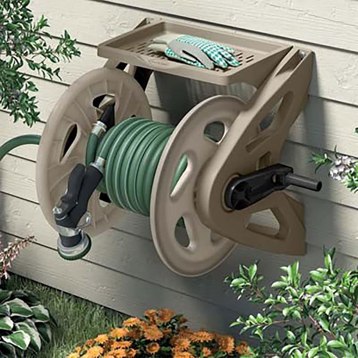 Handler Plastic Wall-Mounted Outdoor Weatherproof Garden Hose Storage Reel with Storage Tray, Holds 200 Feet of Hose (2 Pack)