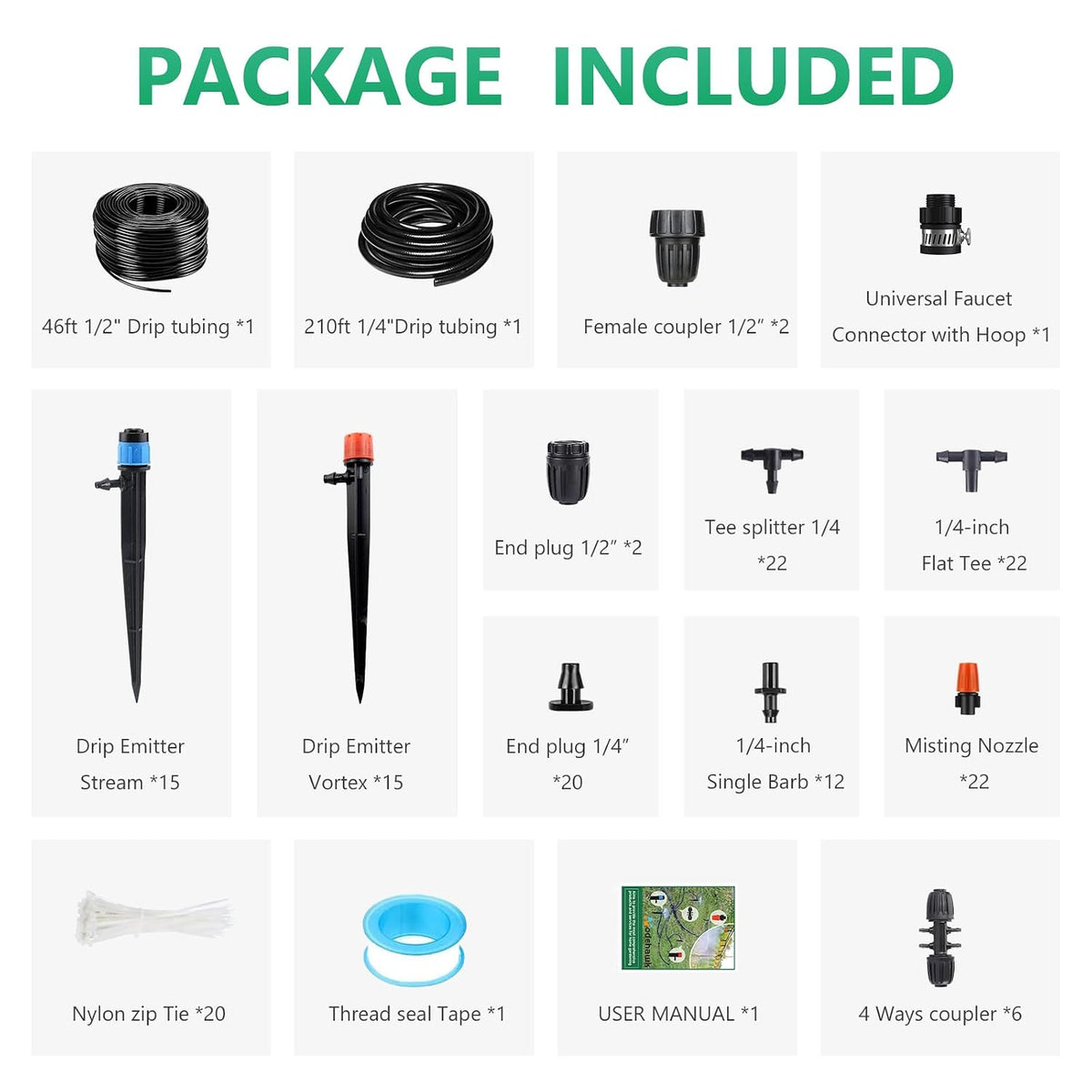 256FT Drip Irrigation System Kit, 163PCS Automatic Garden Watering Misting System with 1/4" Distribution & 1/2" Hose Tubing and Accessories for Greenhouse, Yard, Lawn, Plant