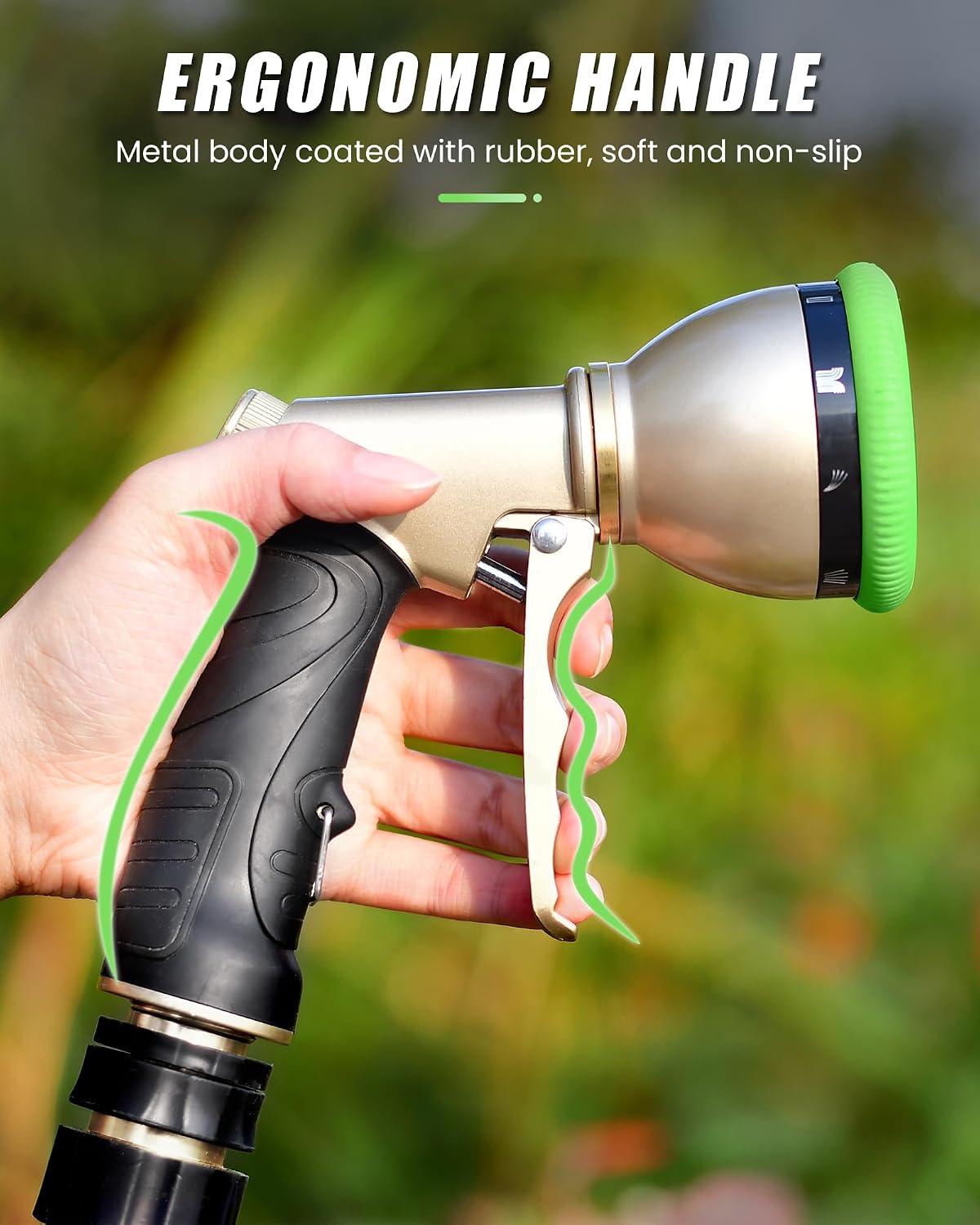 Garden Hose Nozzle, Heavy Duty Metal Water Hose Sprayer Nozzle with 9 Adjustable Spray Patterns, High Pressure Hand Sprayer for Watering Plants, Lawns, Car and Pet Washing (2Pack, Green)