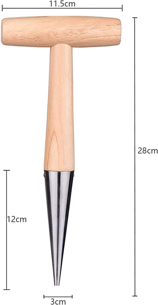 11" Stainless Steel Garden Dibber Bulb Planter with Wooden Handle, Bulb Planter for Sowing Seeds Transplanting Vegetable Flowers