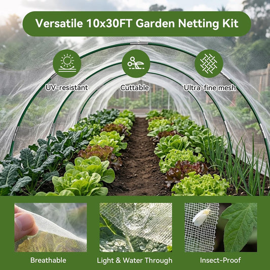 Garden Netting Kit for Raised Beds, 10x30FT Ultra Fine Mesh Netting& 6 Sets of 8FT Fiberglass Garden Hoops, Row Cover Insect Netting for Vegetable Plant Fruit Flowers Protection