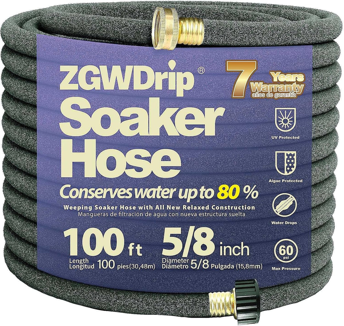 15FT 5/8" Water-Saving Soaker Hose with Solid Brass Connectors, High-Flow Drip Irrigation for Lawn & Yard