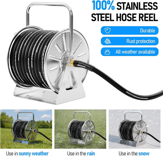 Stainless Steel Garden Hose Reel, 5/8" 75FT Hybrid Rubber Hose