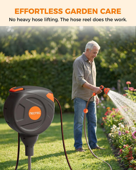 No-Drill Ground-Mounted Retractable Garden Hose Reel 82 ft x 1/2 Inch, Freestanding 360° Swivel Water Hose with Any-Length Lock & Slow Return for Large Yard & Lawn