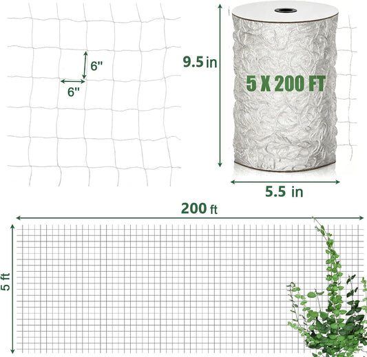 Nylon Trellis Netting Roll 5 x 200 ft, Heavy Duty Garden Netting with 6 Inch Soft Mesh, Plant Support Mesh for Climbing Plants, Vegetables, Fruits, Cucumbers, Peas, Tomatoes