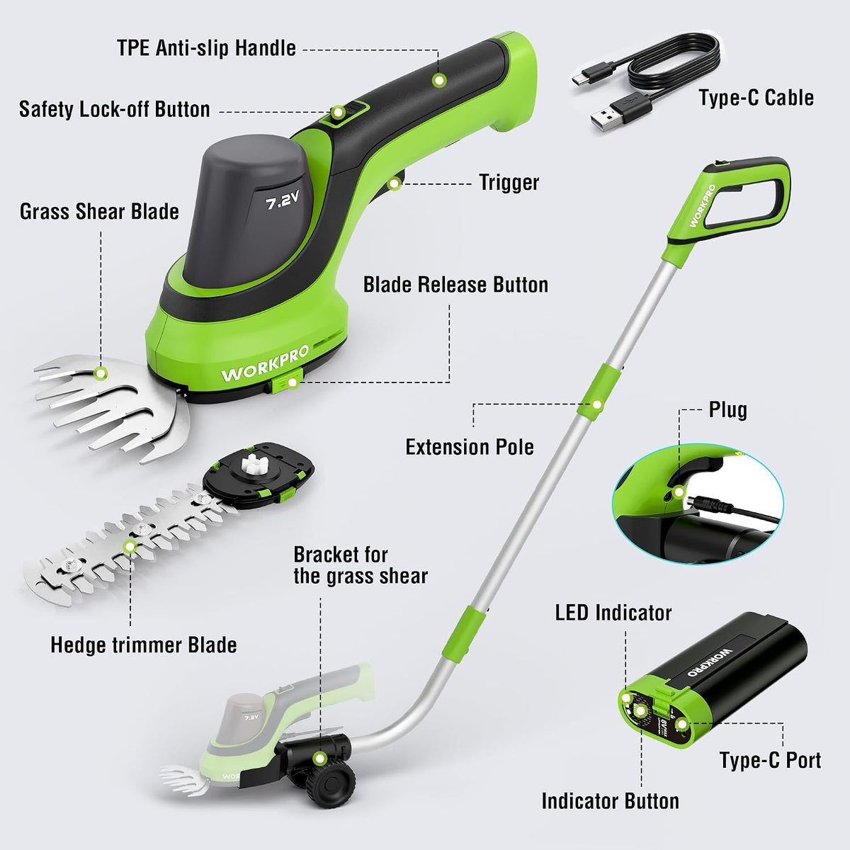 7.2V 2-in-1 Cordless Hedge Trimmer & Grass Shears