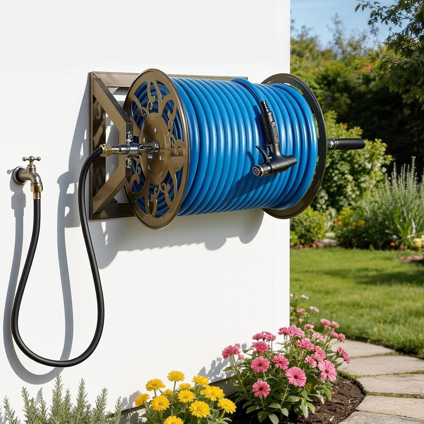 Wall Mounted Garden Hose Reel Holds 150 ft 5/8-inch Water Hose Winder