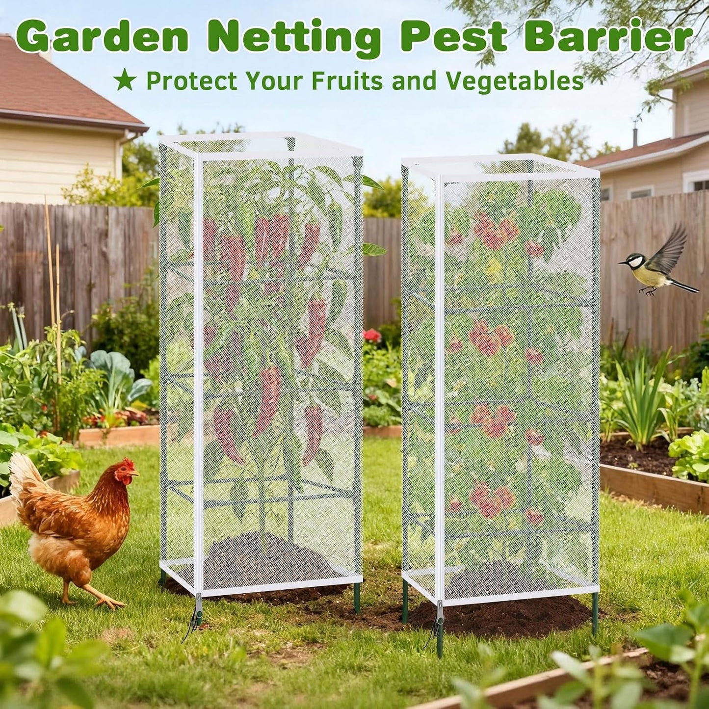 3 Pack Tomato Netting for Garden Protection, 59x18x18 inches Ultra-Fine Mesh Plant Netting Cover for Square Tomato Cage, Bird,Pest & Small Animal Barrier with Zipper & Drawstring