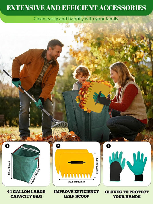 Adjustable Metal Leaf Rake Set Garden Rake for Leaves Long Handle 37"-63" Expandable Head Gardening Tools Set Includes 44 Gallon Bag & Scoop & Gloves Rakes for Lawns Heavy Duty for Yard Lawn Garden