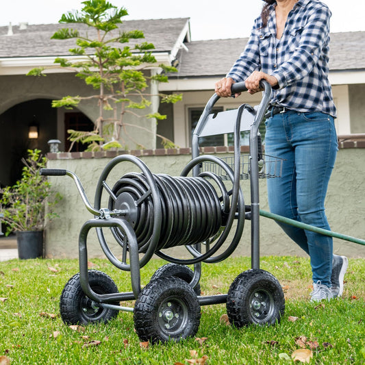 Garden Hose Reel Cart, Heavy Duty Water Planting Cart w/Non-slip Crank Handle, 4 Pneumatic Wheels, Outdoor Hose Reel Holds 300ft